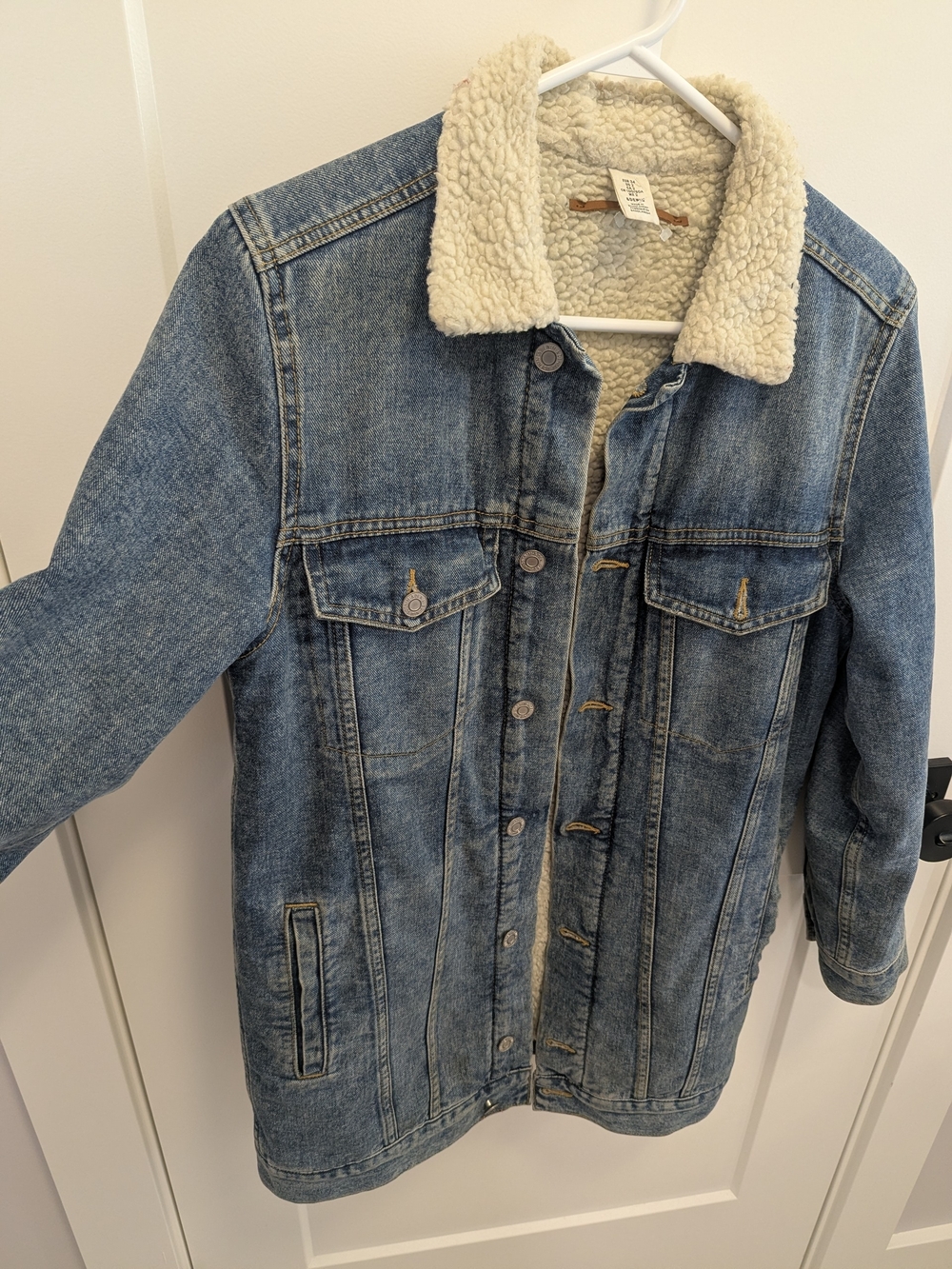 H&M Sherpa Lined Denim Jacket Shacket Cozy Oversized Blue Jean Coat - Picture 4 of 7